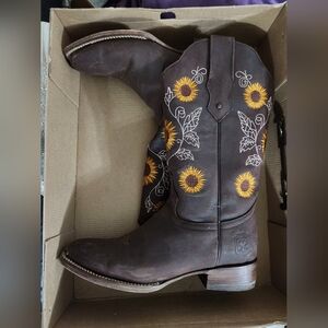 Women's Western Tall Brown Cowboy Boots with Sunflowers - Made In Mexico